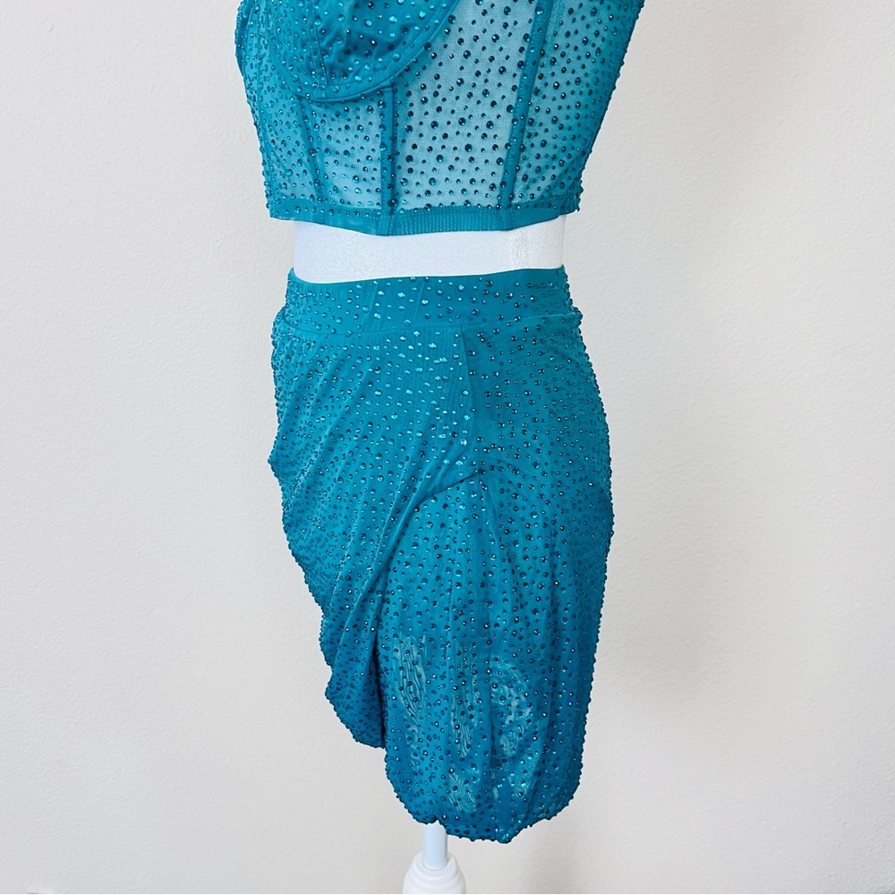 Oh Polly ‘Own The Night’ Emerald Rhinestone Corset Top & Mini Skirt Set - Picture 9 of 16